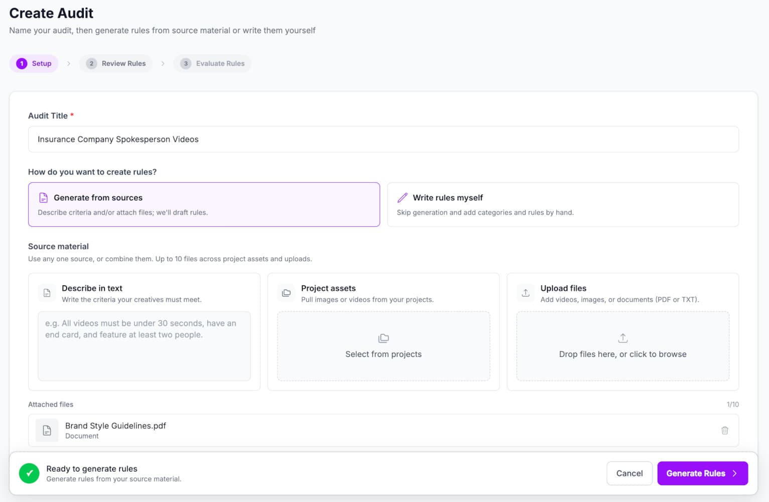 Creating an audit that generates rules from an attached brand style guidelines PDF.
